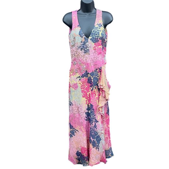 Sz XS 100% Silk Maxi Dress Floral Pink Blue RHINESTONE EMBELLISHED Sleeveless - Picture 1 of 14